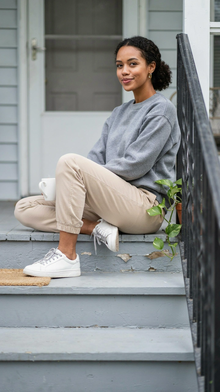 12 Cozy Fall Outfits for Women That Feel Stylish and Comfortable 8 A woman sitting on a porch step wearing a grey sweatshirt and beige joggers.