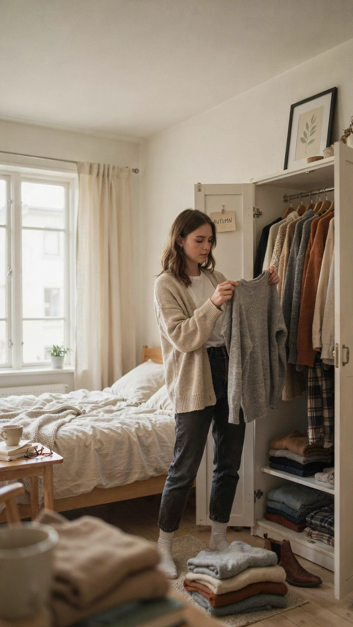 How to Style a Fall Outfit With Basics You Already Own 3 A woman checks a gray sweater at her open wardrobe while sorting her basics for autumn outfits