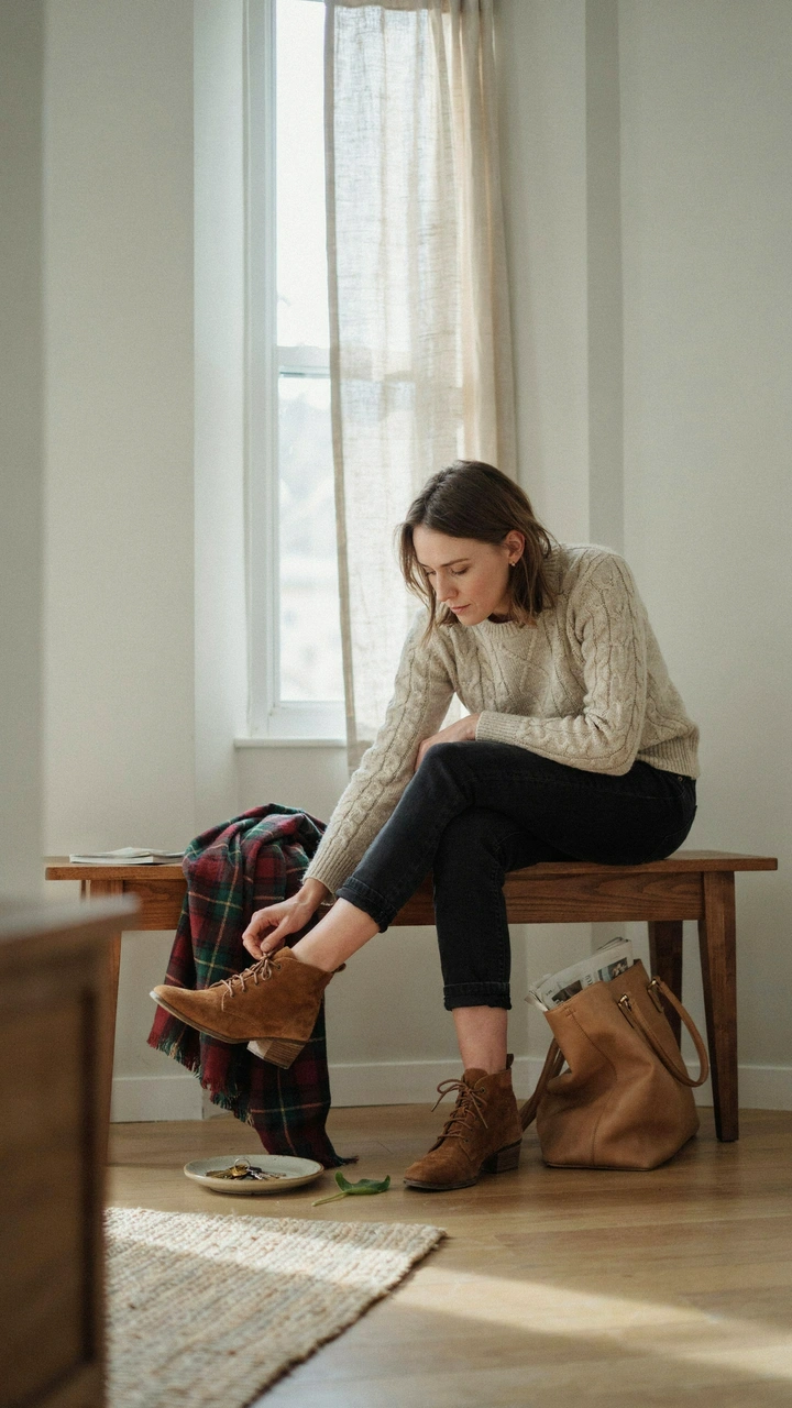 How to Style a Fall Outfit With Basics You Already Own 7 A woman puts on brown suede ankle boots on an entryway bench beside a leather bag and plaid scarf