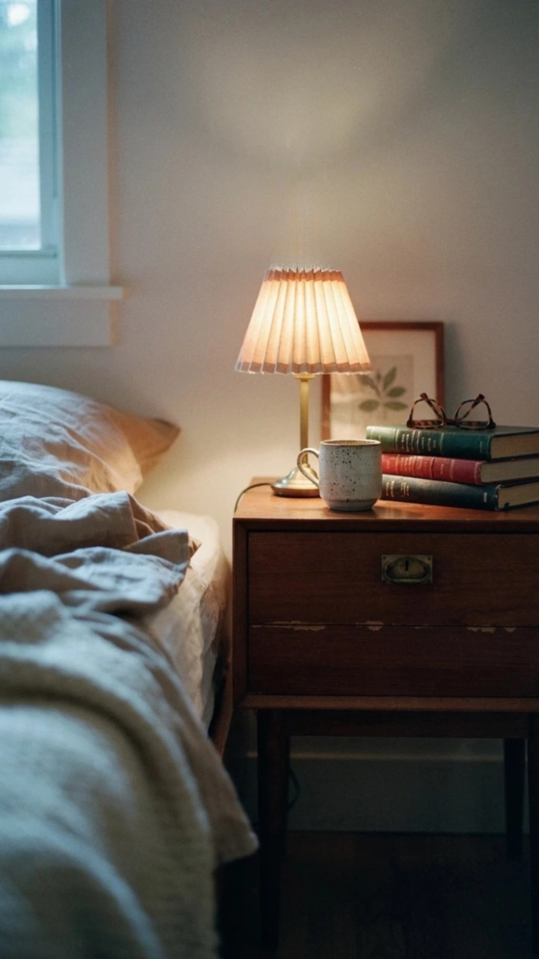 How to Create a Cozy Autumn Bedroom Without Buying Lots of Decor 5 Small glowing lamp with a pleated shade on a wooden nightstand next to books and a mug.