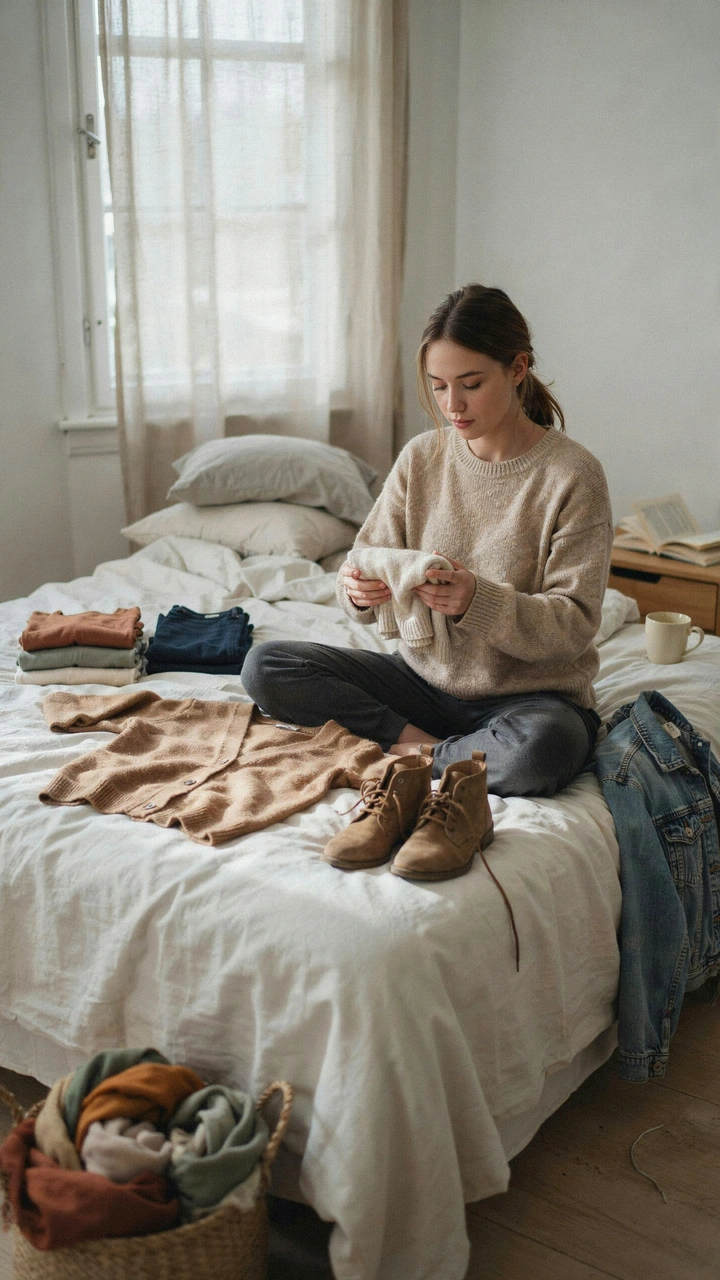 How to Style a Fall Outfit With Basics You Already Own 2 A woman sorts folded t-shirts, jeans, a cardigan, a denim jacket and ankle boots on her bed to plan fall outfits