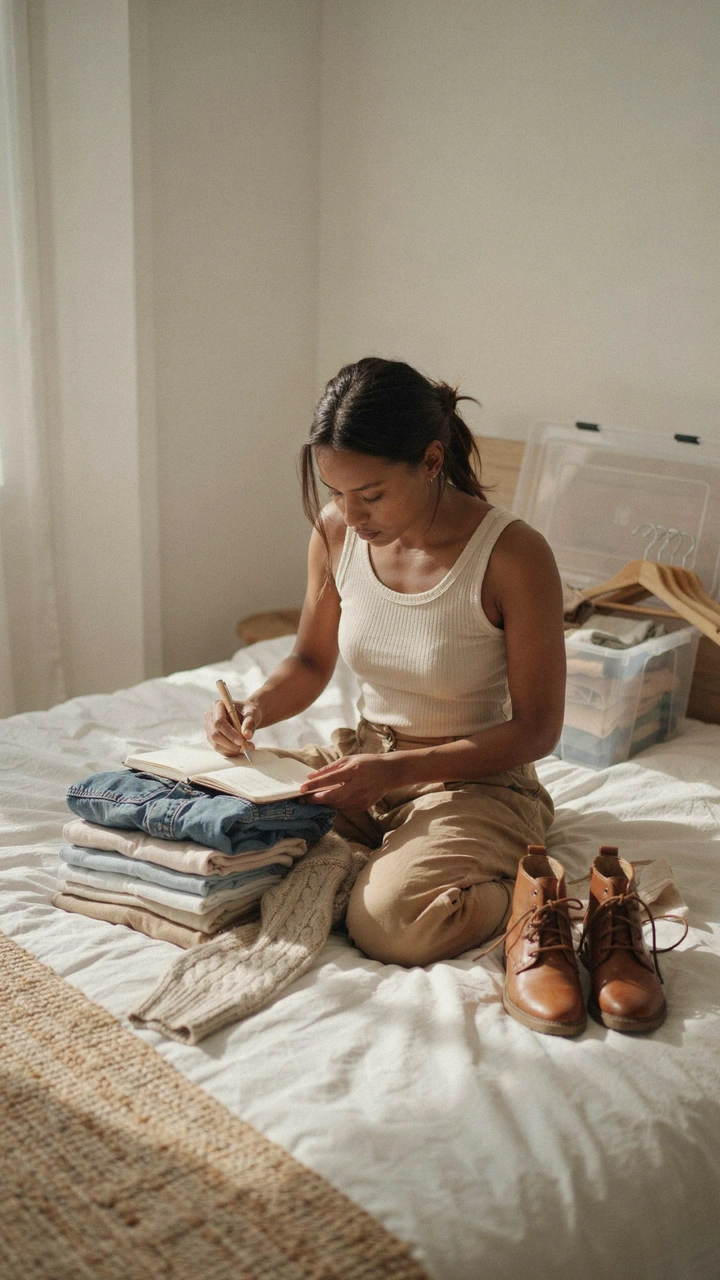 A woman sits on a bed with summer tees, a denim jacket, a cardigan, ankle boots and a storage bin ready for fall