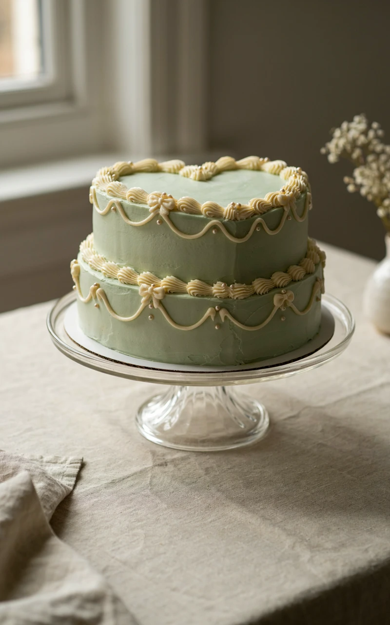 Sage green heart-shaped birthday cake with cream vintage Lambeth piping and sugar pearls on a milk-glass stand
