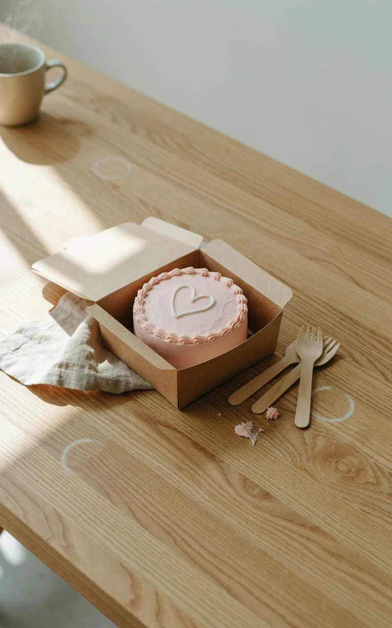 Cute mini bento birthday cake in pale pink buttercream with a piped heart, sitting in an open kraft box