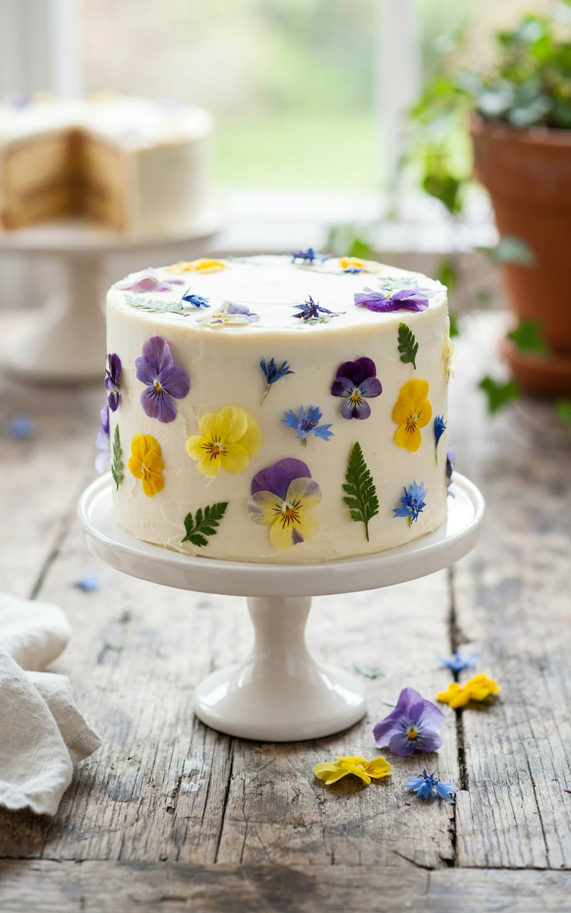 Pretty ivory birthday cake decorated with pressed violas, pansies and cornflowers on a white cake stand