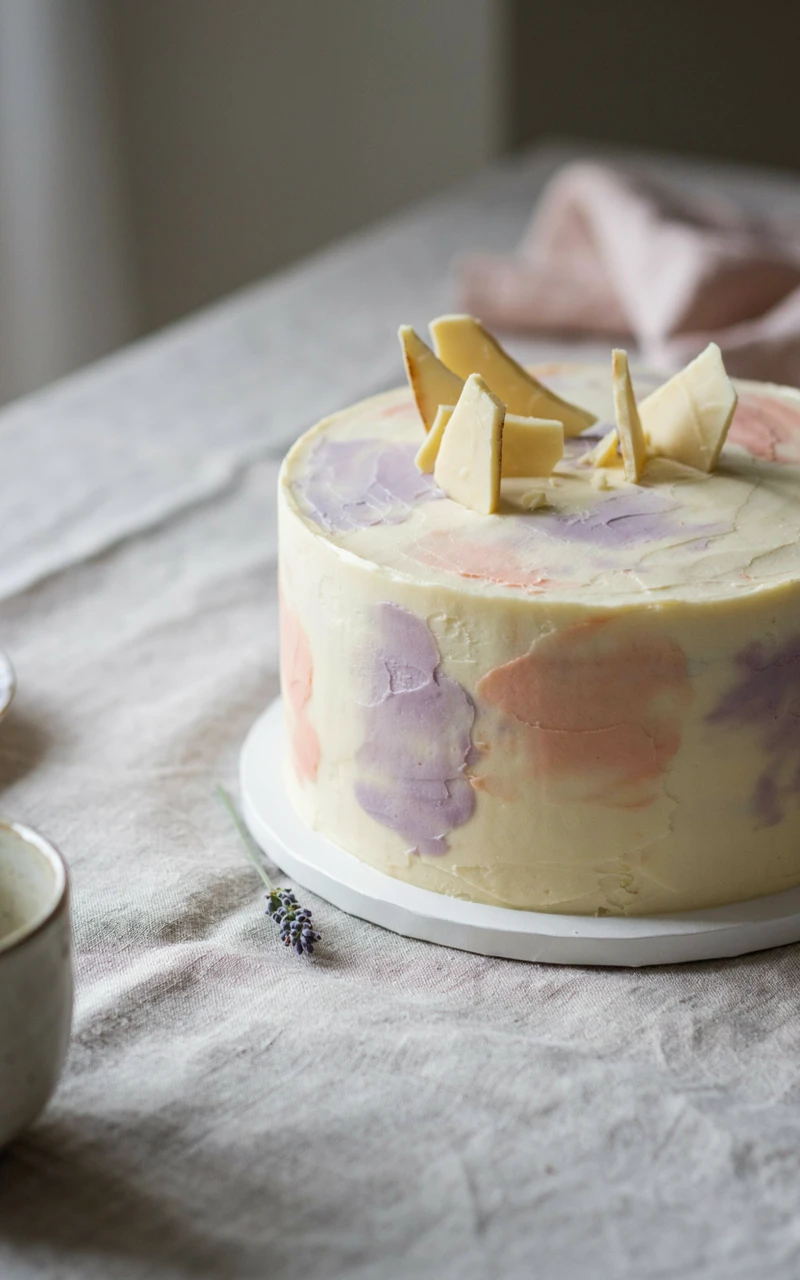 Vanilla birthday cake with lavender, blush and peach watercolor buttercream sides and white chocolate bark