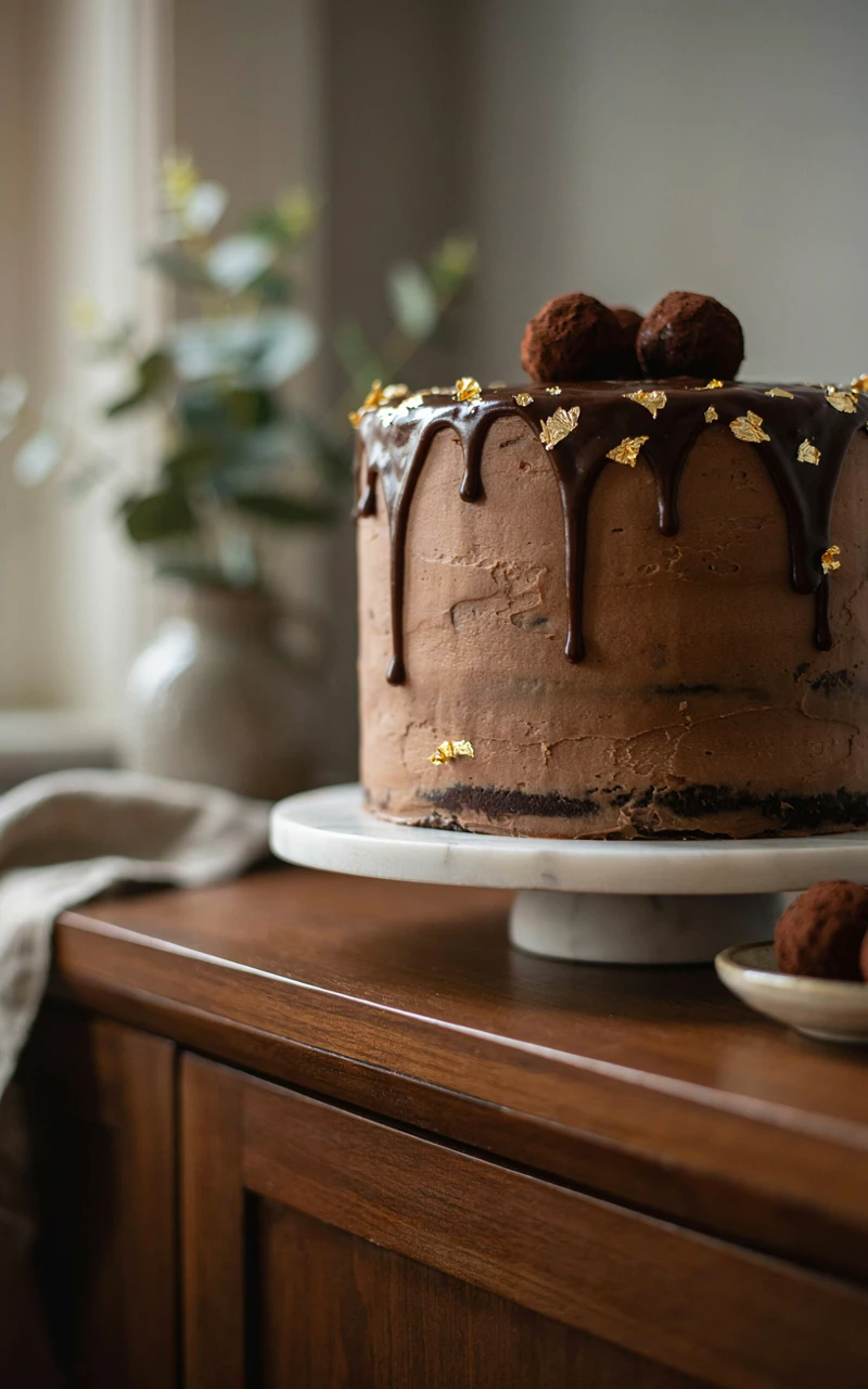 Elegant chocolate birthday cake with a glossy ganache drip, gold leaf flakes and truffles on a marble stand