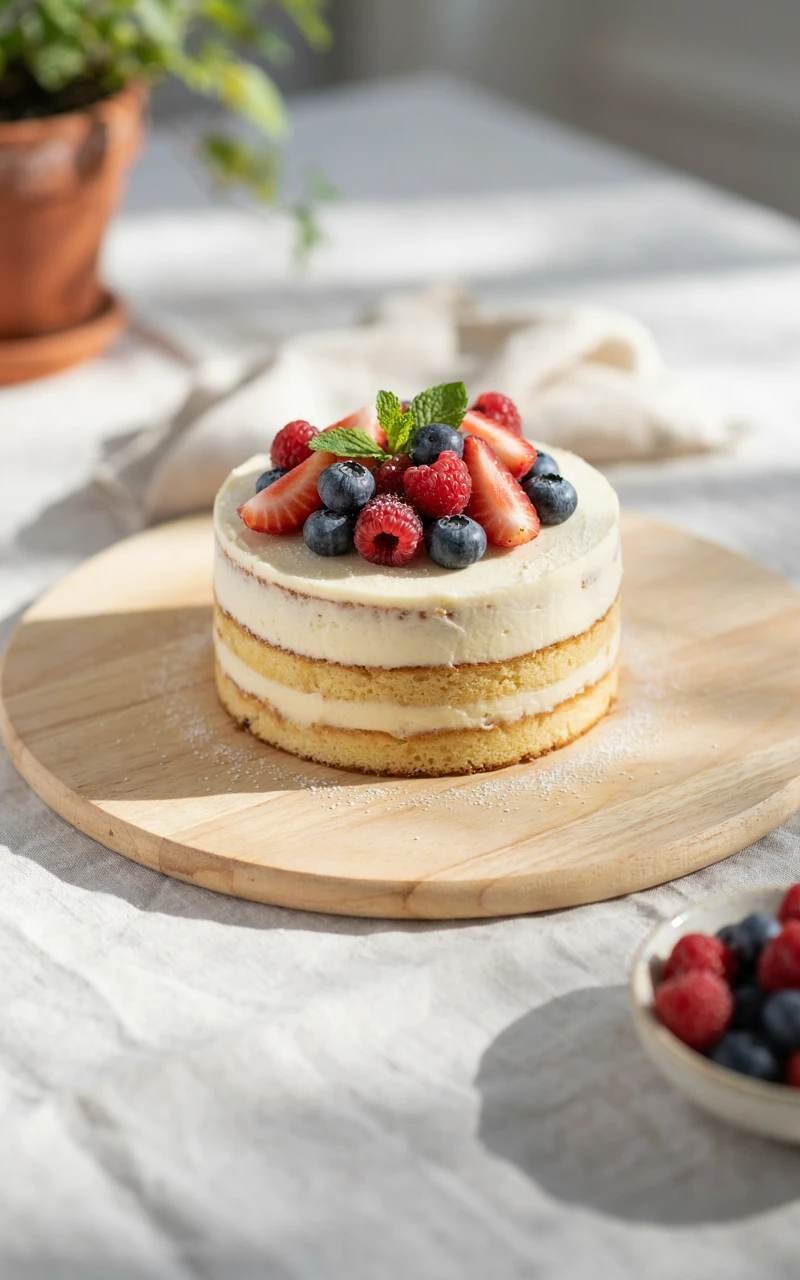 Semi-naked vanilla birthday cake with visible sponge layers, topped with fresh strawberries, raspberries and blueberries