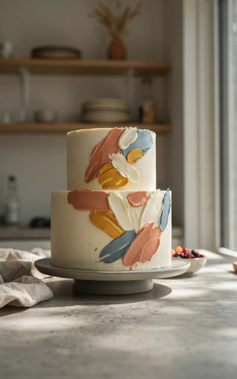 Modern white birthday cake with abstract terracotta, mustard and blue palette knife buttercream strokes