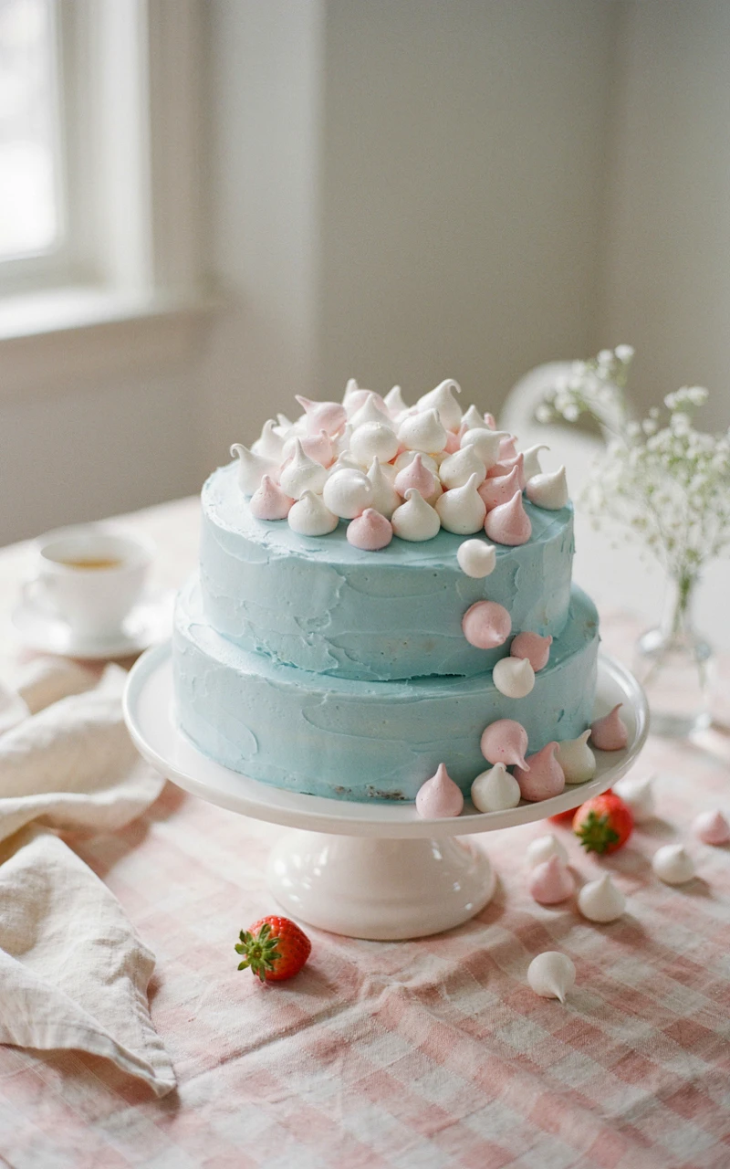 Baby blue birthday cake topped with a pile of white and pink meringue kisses shaped like a cloud
