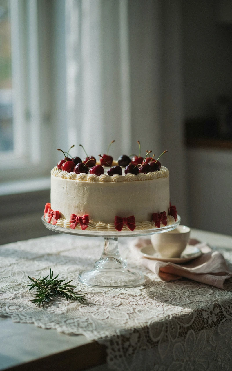 White birthday cake with red piped buttercream bows, a ruffled border and fresh cherries on a glass stand