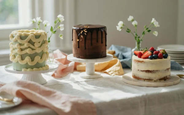 Aesthetic Birthday Cake Ideas on a sunny table: a sage heart cake, a gold drip chocolate cake and a berry cake