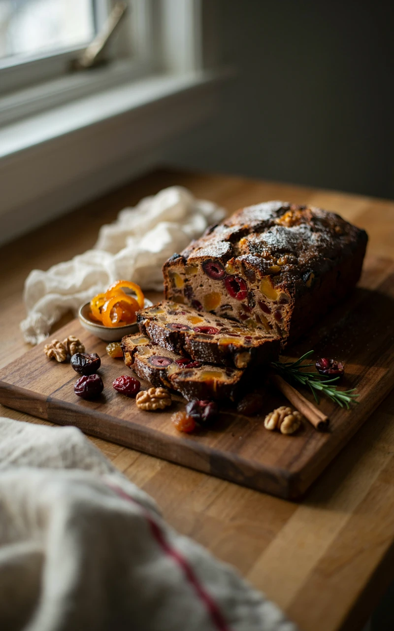 10 Delicious Christmas Dessert Ideas to Start Planning Early 11 A sliced spiced Christmas fruitcake loaf showing dried cherries, raisins and walnuts on a wooden board