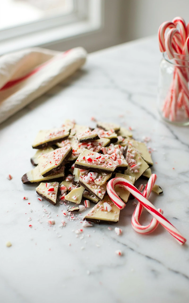 10 Delicious Christmas Dessert Ideas to Start Planning Early 3 Shards of peppermint bark with dark and white chocolate layers and crushed candy canes on a marble counter