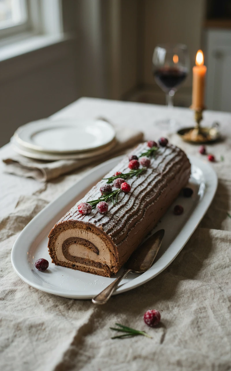 10 Delicious Christmas Dessert Ideas to Start Planning Early 4 A chocolate yule log cake with bark-textured frosting, powdered sugar and rosemary, sliced to show the cream swirl