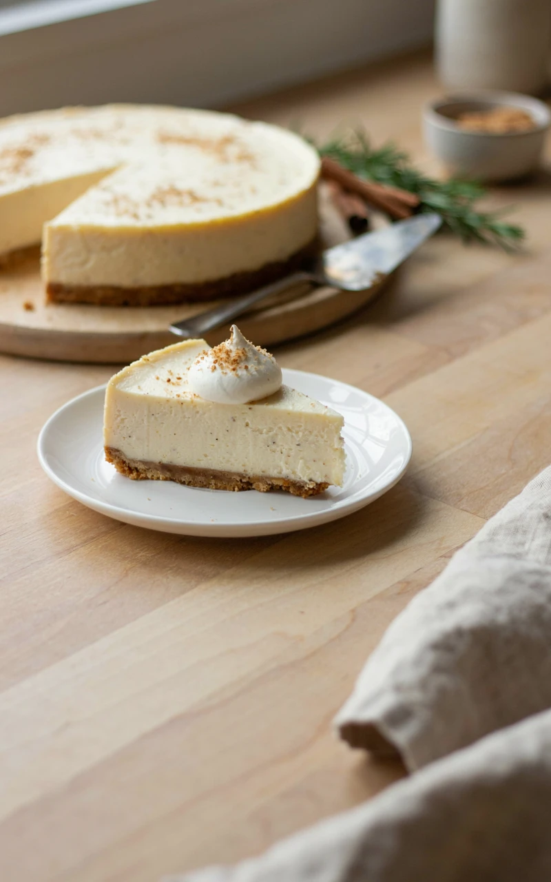 10 Delicious Christmas Dessert Ideas to Start Planning Early 5 A slice of eggnog cheesecake with graham cracker crust, whipped cream and nutmeg on a white plate