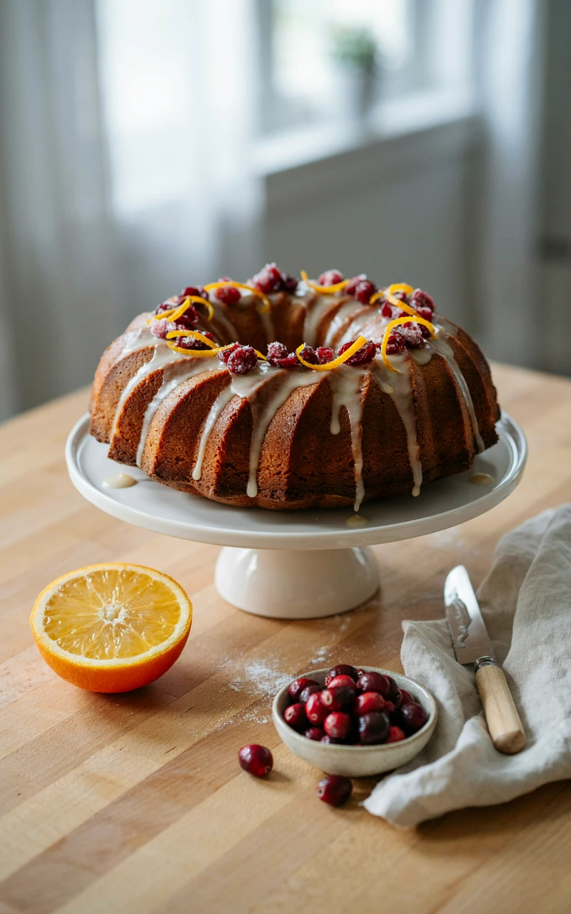 10 Delicious Christmas Dessert Ideas to Start Planning Early 6 A cranberry orange bundt cake with dripping white glaze and sugared cranberries on a white cake stand