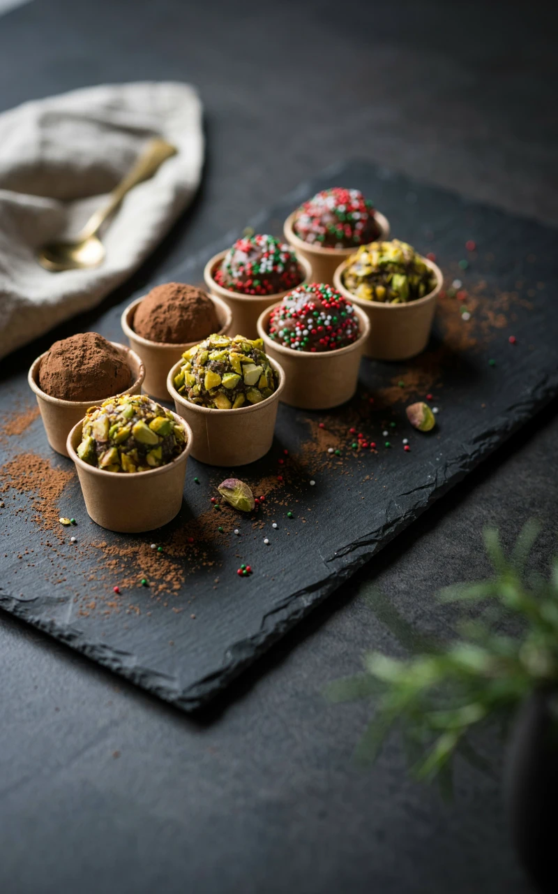 10 Delicious Christmas Dessert Ideas to Start Planning Early 7 Homemade chocolate truffles rolled in cocoa, chopped pistachios and festive sprinkles in paper cups on a slate board
