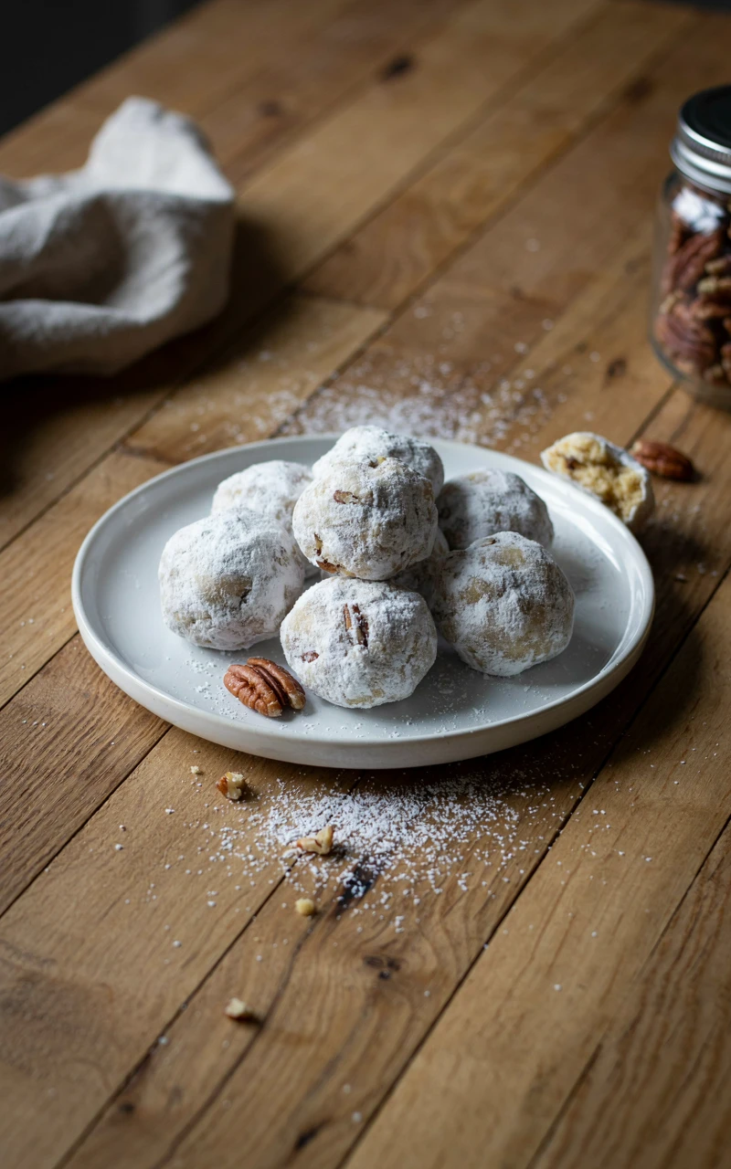 10 Delicious Christmas Dessert Ideas to Start Planning Early 8 A plate of round snowball cookies coated in powdered sugar on a wooden table in soft morning light