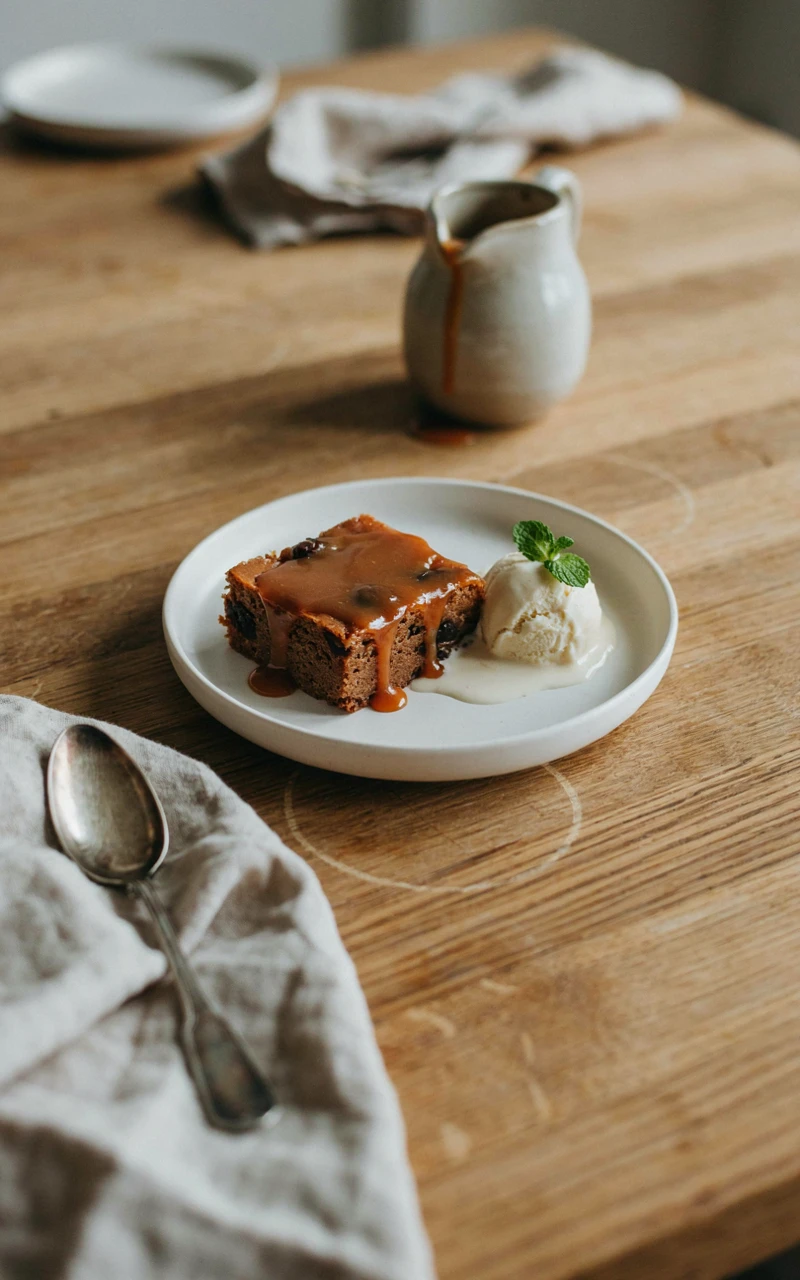 10 Delicious Christmas Dessert Ideas to Start Planning Early 9 A square of sticky toffee pudding covered in glossy toffee sauce with vanilla ice cream in a white bowl