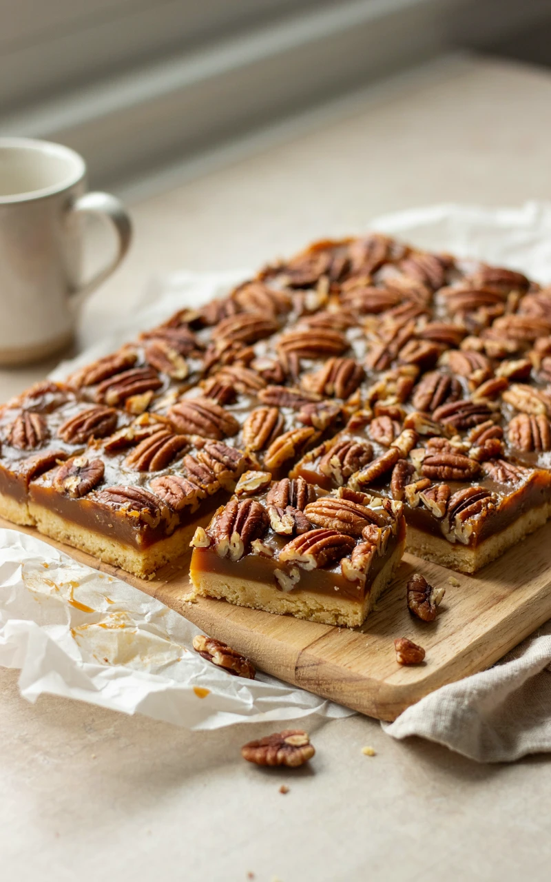 10 Delicious Christmas Dessert Ideas to Start Planning Early 10 Pecan pie bars cut into squares on a wooden board, showing the shortbread crust and gooey pecan filling