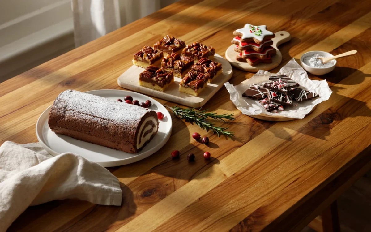 A table of Christmas dessert ideas with a yule log, gingerbread cookies, peppermint bark and pecan pie bars in daylight