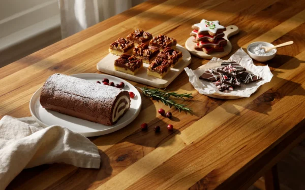 A table of Christmas dessert ideas with a yule log, gingerbread cookies, peppermint bark and pecan pie bars in daylight