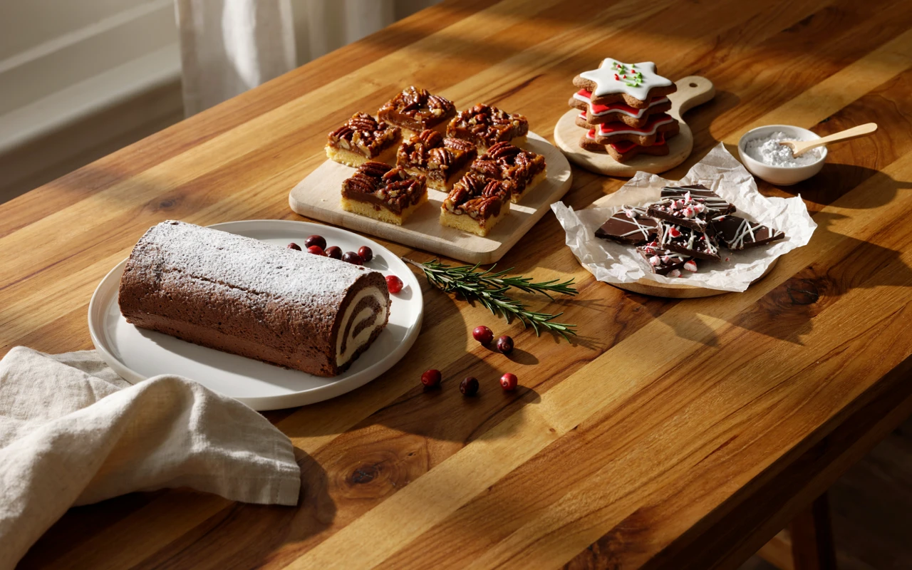 10 Delicious Christmas Dessert Ideas to Start Planning Early 1 A table of Christmas dessert ideas with a yule log, gingerbread cookies, peppermint bark and pecan pie bars in daylight