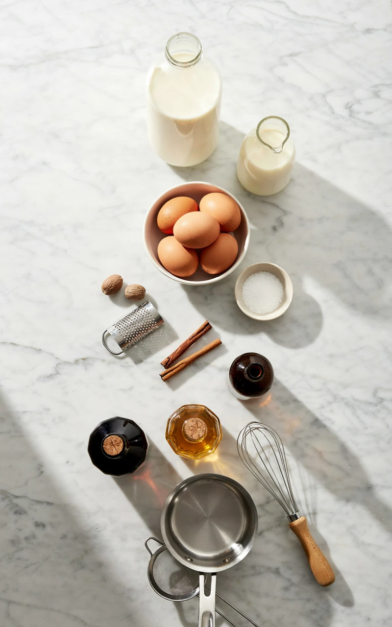 Ingredients and tools for a homemade eggnog cocktail: eggs, milk, cream, sugar, nutmeg, bourbon, a saucepan and a whisk
