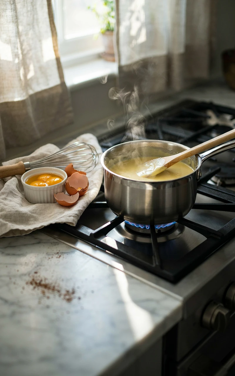 Pale yellow custard for traditional Christmas eggnog thickening in a saucepan with a coated wooden spoon on the rim