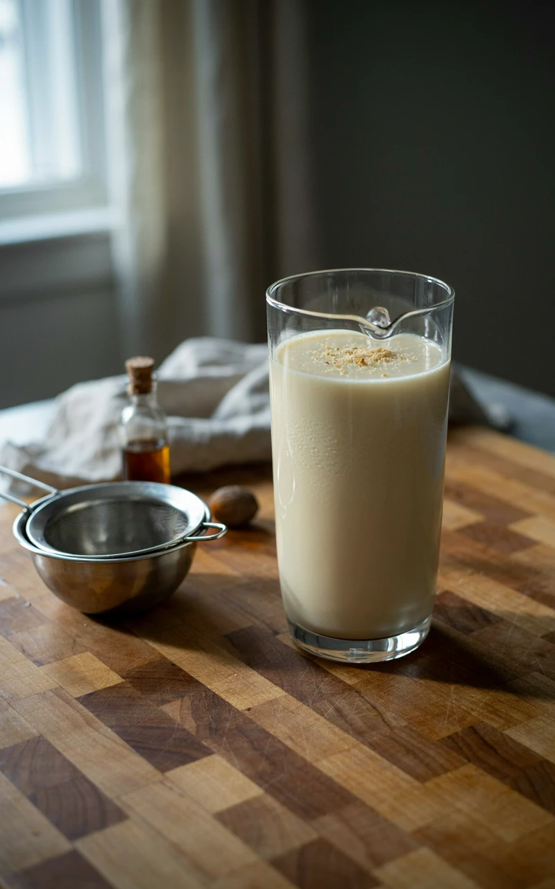 A glass pitcher of chilled holiday eggnog with grated nutmeg on top, next to a strainer on a wooden counter