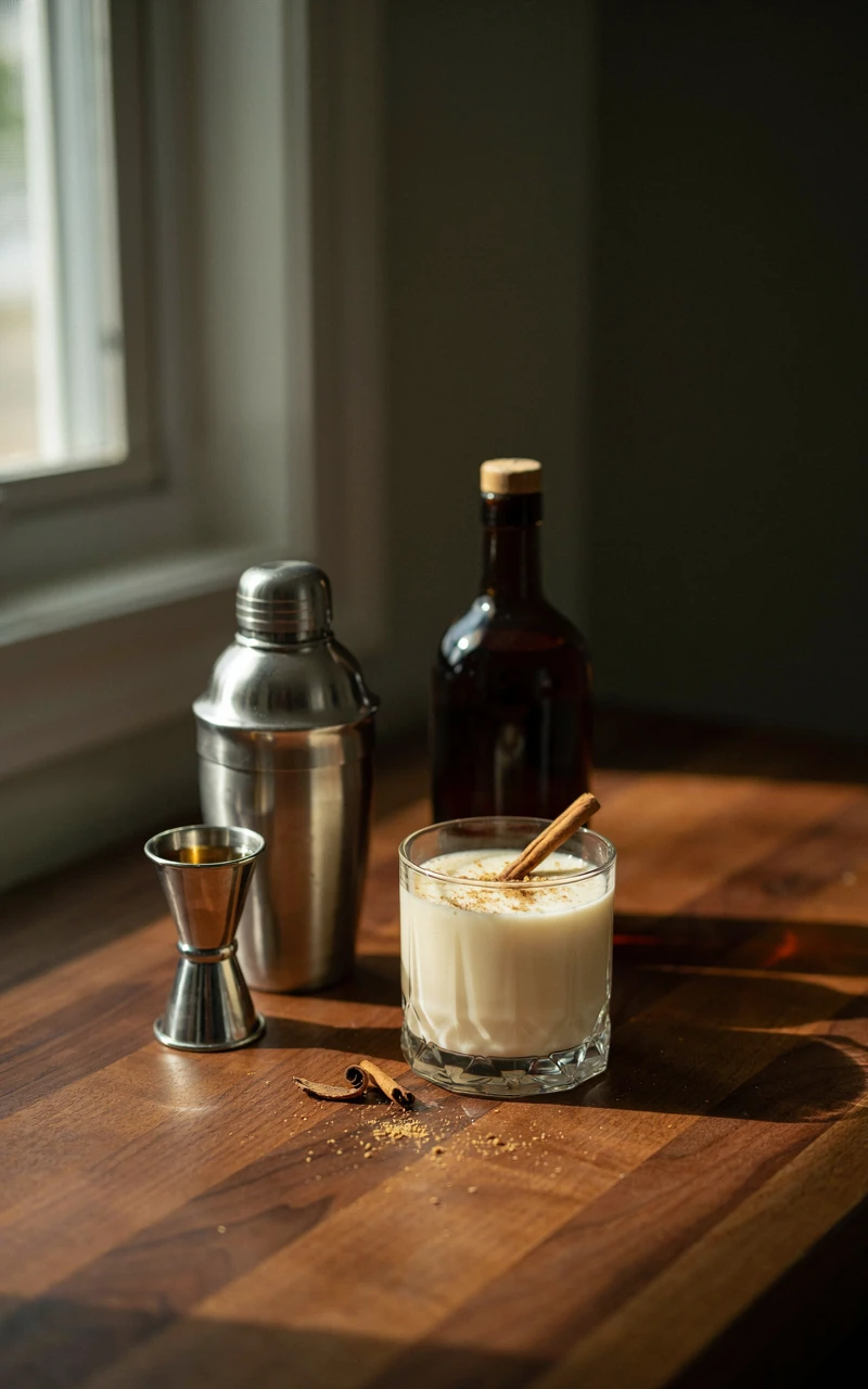 A finished alcoholic eggnog recipe in a glass with nutmeg and cinnamon, beside a cocktail shaker and a jigger of bourbon