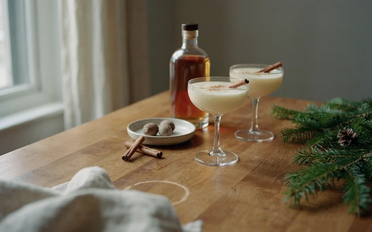 Two coupe glasses of Christmas eggnog cocktail topped with nutmeg beside cinnamon sticks and pine on a wooden table