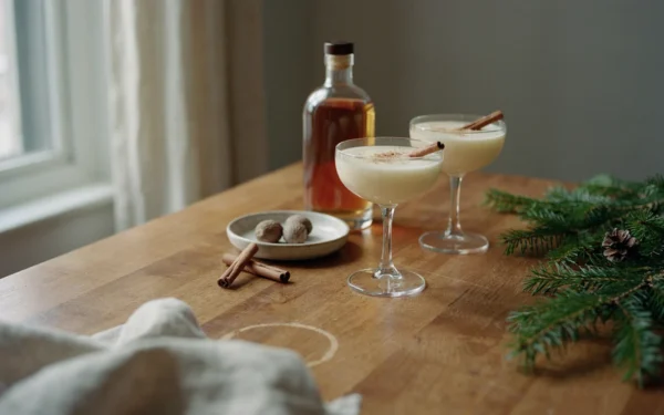 Two coupe glasses of Christmas eggnog cocktail topped with nutmeg beside cinnamon sticks and pine on a wooden table