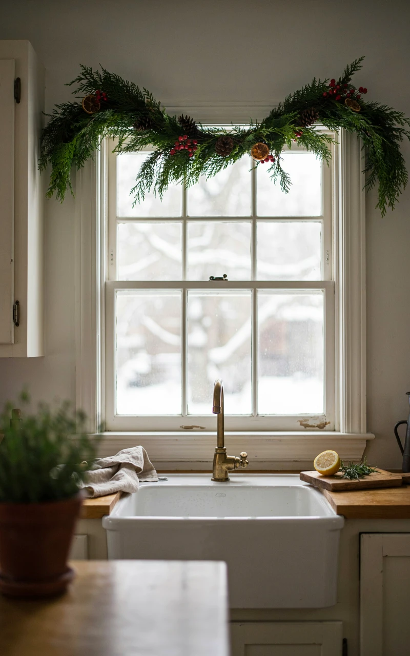 13 Christmas Kitchen Decor Ideas for a Warm and Festive Home 2 Fresh evergreen garland with red berries and pine cones draped above a white kitchen window and sink