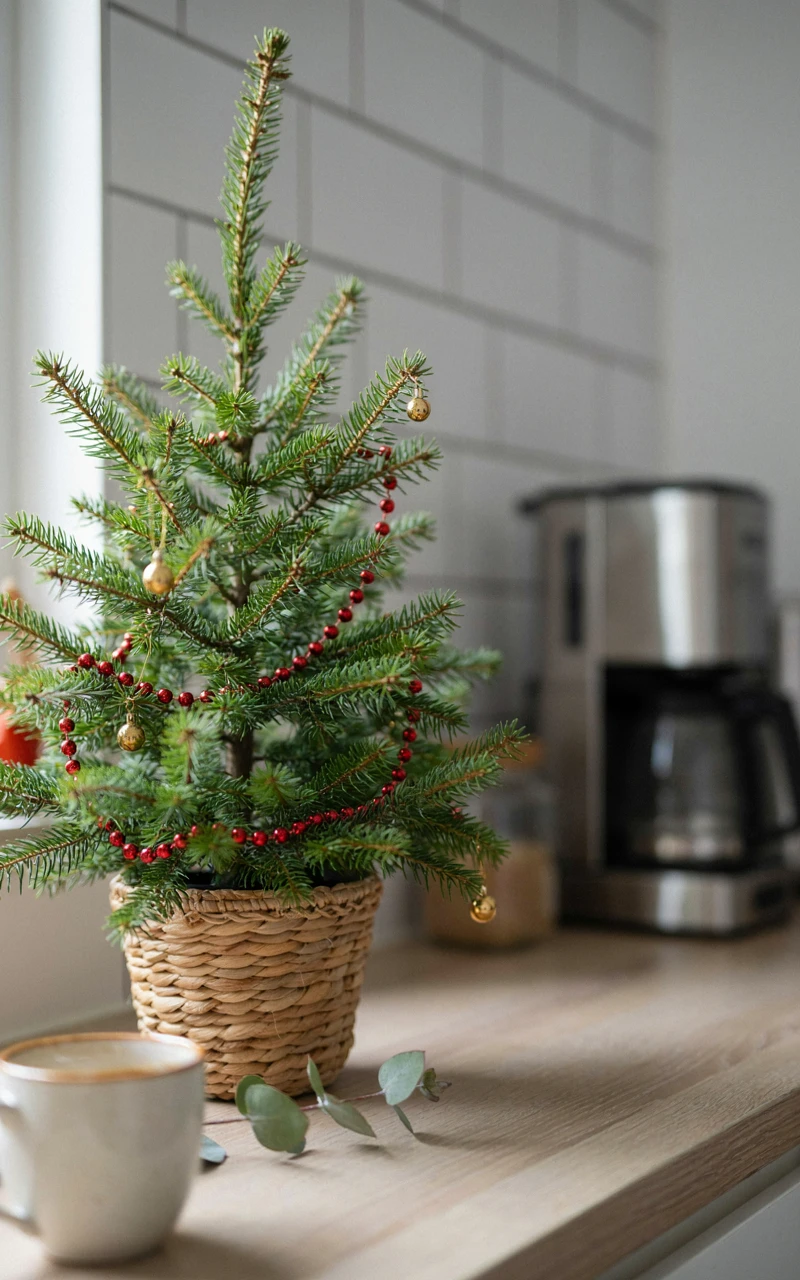 13 Christmas Kitchen Decor Ideas for a Warm and Festive Home 11 Small potted Christmas tree with red bead garland in a seagrass basket on a kitchen counter