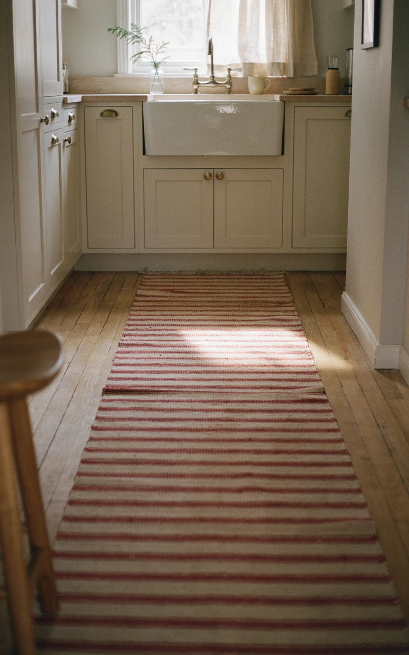 13 Christmas Kitchen Decor Ideas for a Warm and Festive Home 12 Red and cream woven runner rug on a wood floor in front of a white farmhouse kitchen sink