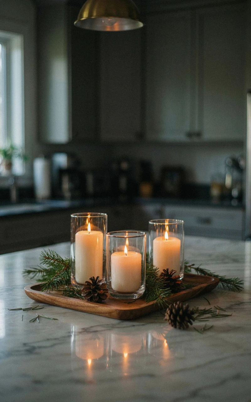 13 Christmas Kitchen Decor Ideas for a Warm and Festive Home 13 Walnut tray with glowing pillar candles, pine sprigs, and pine cones on a marble kitchen island