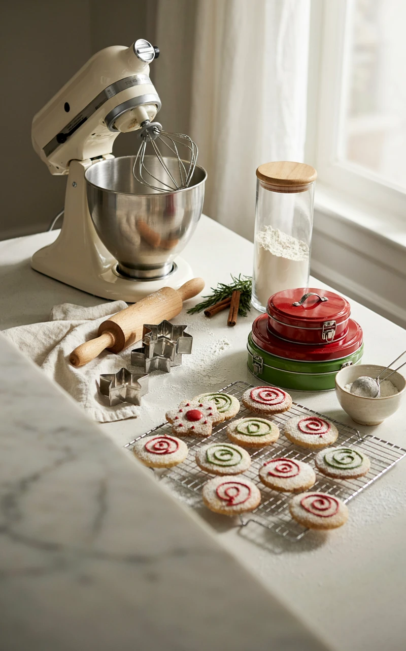 13 Christmas Kitchen Decor Ideas for a Warm and Festive Home 14 Holiday baking station with a stand mixer, cookie cutters, red and green cookie tins, and sugar cookies
