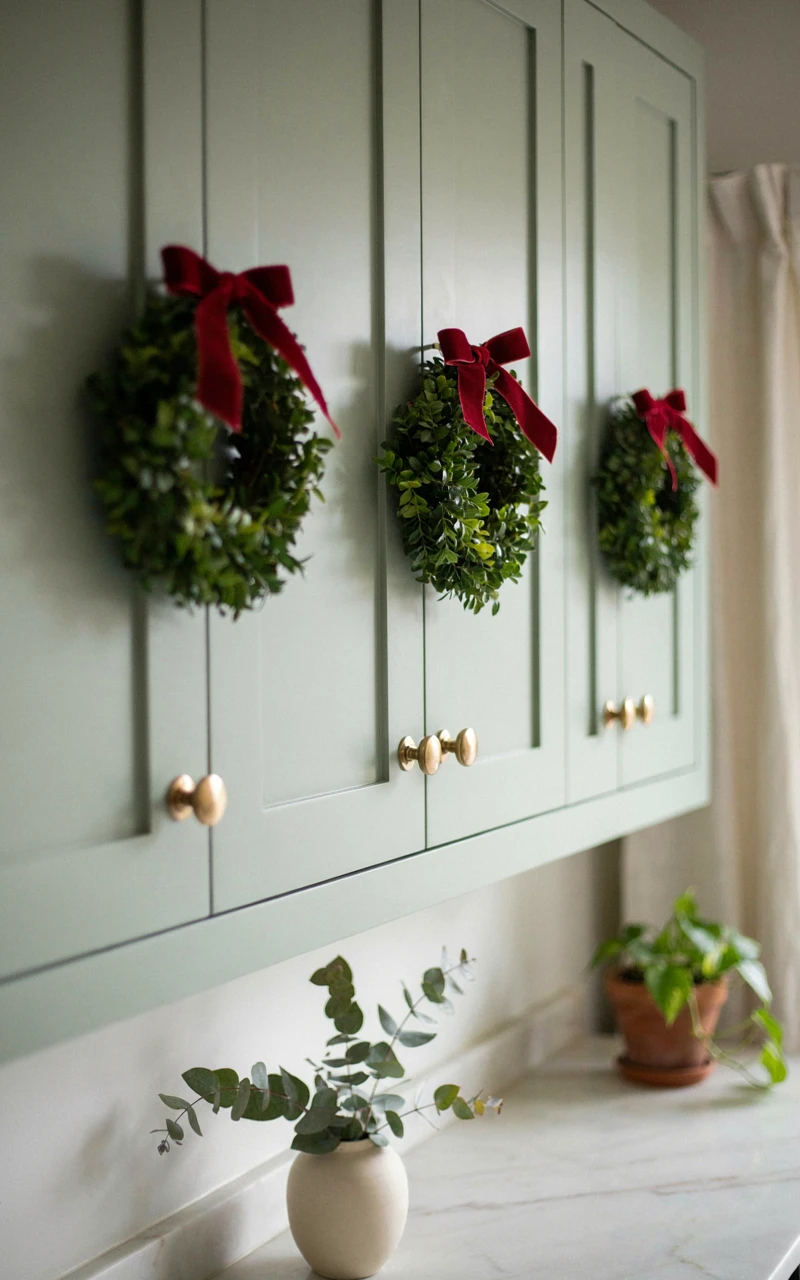 13 Christmas Kitchen Decor Ideas for a Warm and Festive Home 3 Small boxwood wreaths with red velvet ribbons hanging on sage green kitchen cabinet doors for Christmas