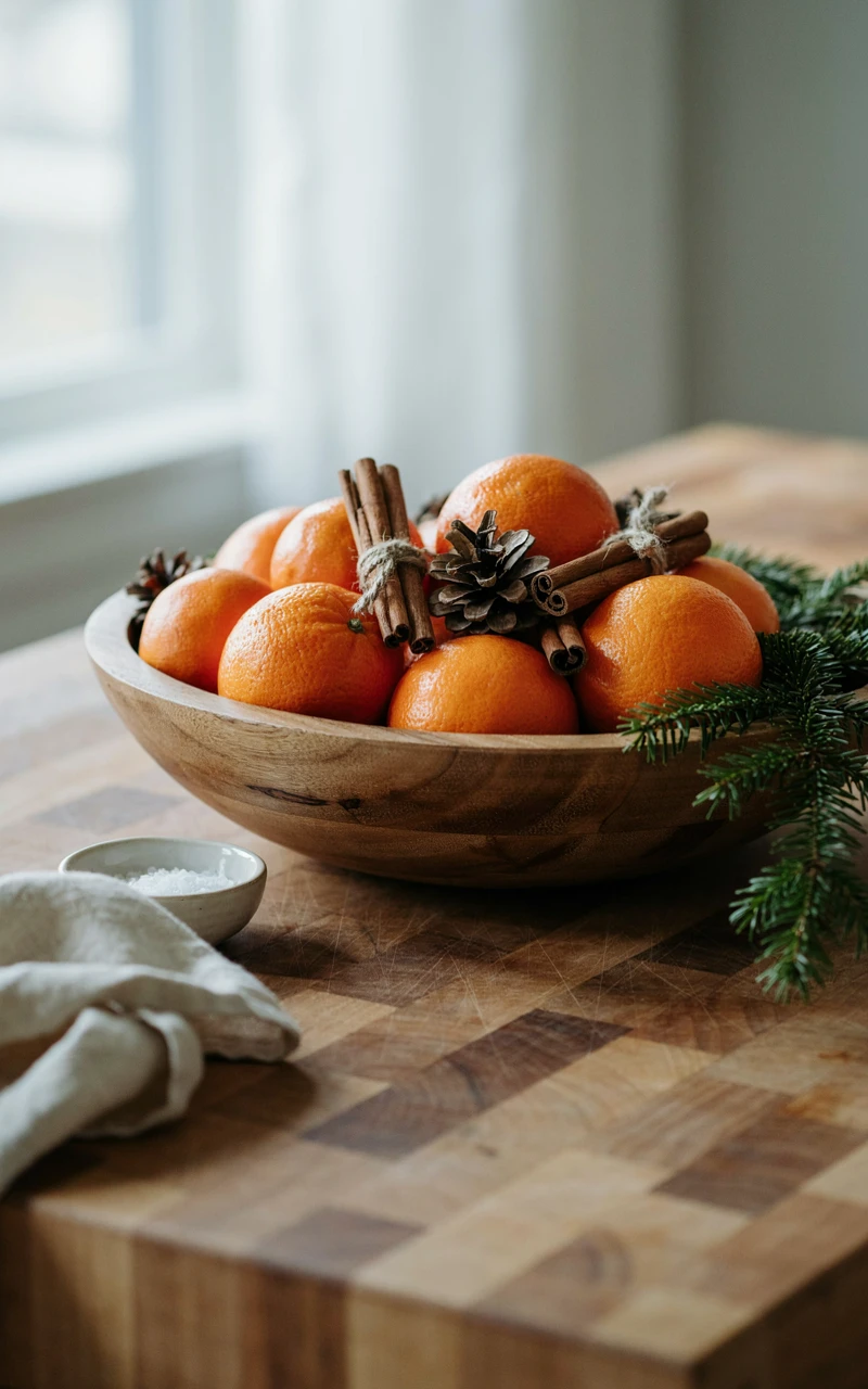 13 Christmas Kitchen Decor Ideas for a Warm and Festive Home 5 Wooden bowl of oranges, cinnamon sticks, and pine cones on a butcher-block island as holiday kitchen decor