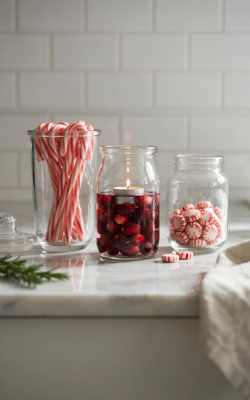 13 Christmas Kitchen Decor Ideas for a Warm and Festive Home 6 Glass jars filled with candy canes, cranberries, and peppermints on a white kitchen counter for Christmas