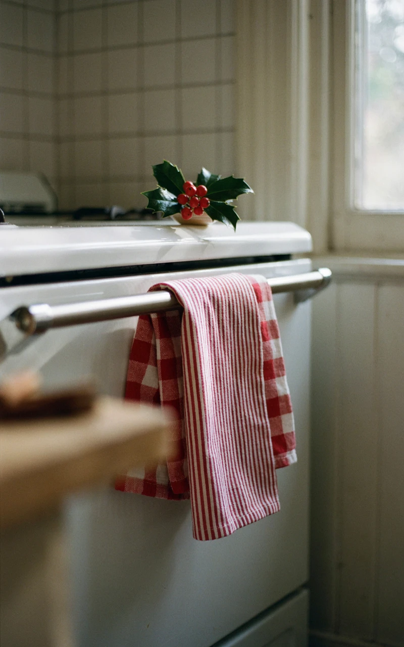 13 Christmas Kitchen Decor Ideas for a Warm and Festive Home 7 Red and white striped and plaid dish towels hanging on an oven handle in a festive kitchen