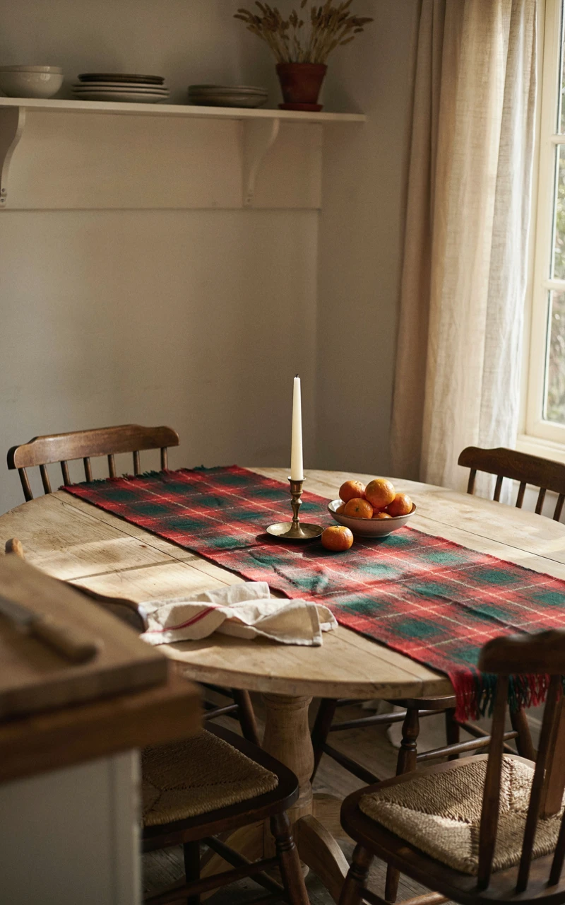 13 Christmas Kitchen Decor Ideas for a Warm and Festive Home 9 Red and green plaid table runner on a wooden kitchen table with clementines and a brass candlestick