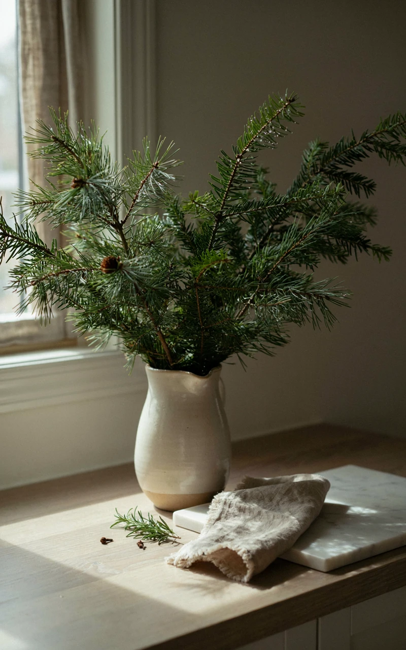 13 Christmas Kitchen Decor Ideas for a Warm and Festive Home 10 Fresh pine and cedar branches in a cream stoneware pitcher on a kitchen counter as Christmas home decor