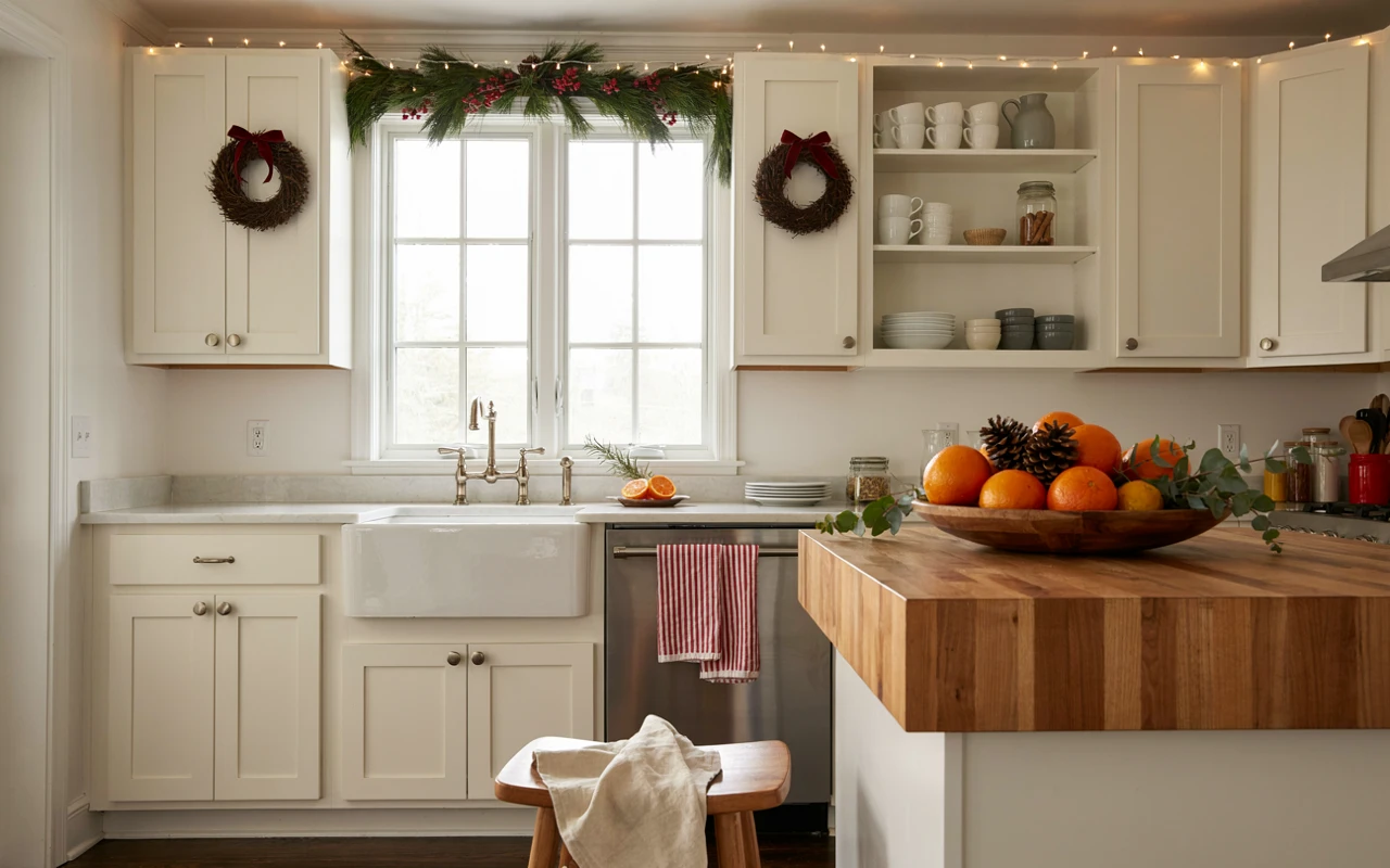 13 Christmas Kitchen Decor Ideas for a Warm and Festive Home 1 Christmas kitchen decor with evergreen garland over the sink, mini wreaths on cream cabinets, and a bowl of oranges