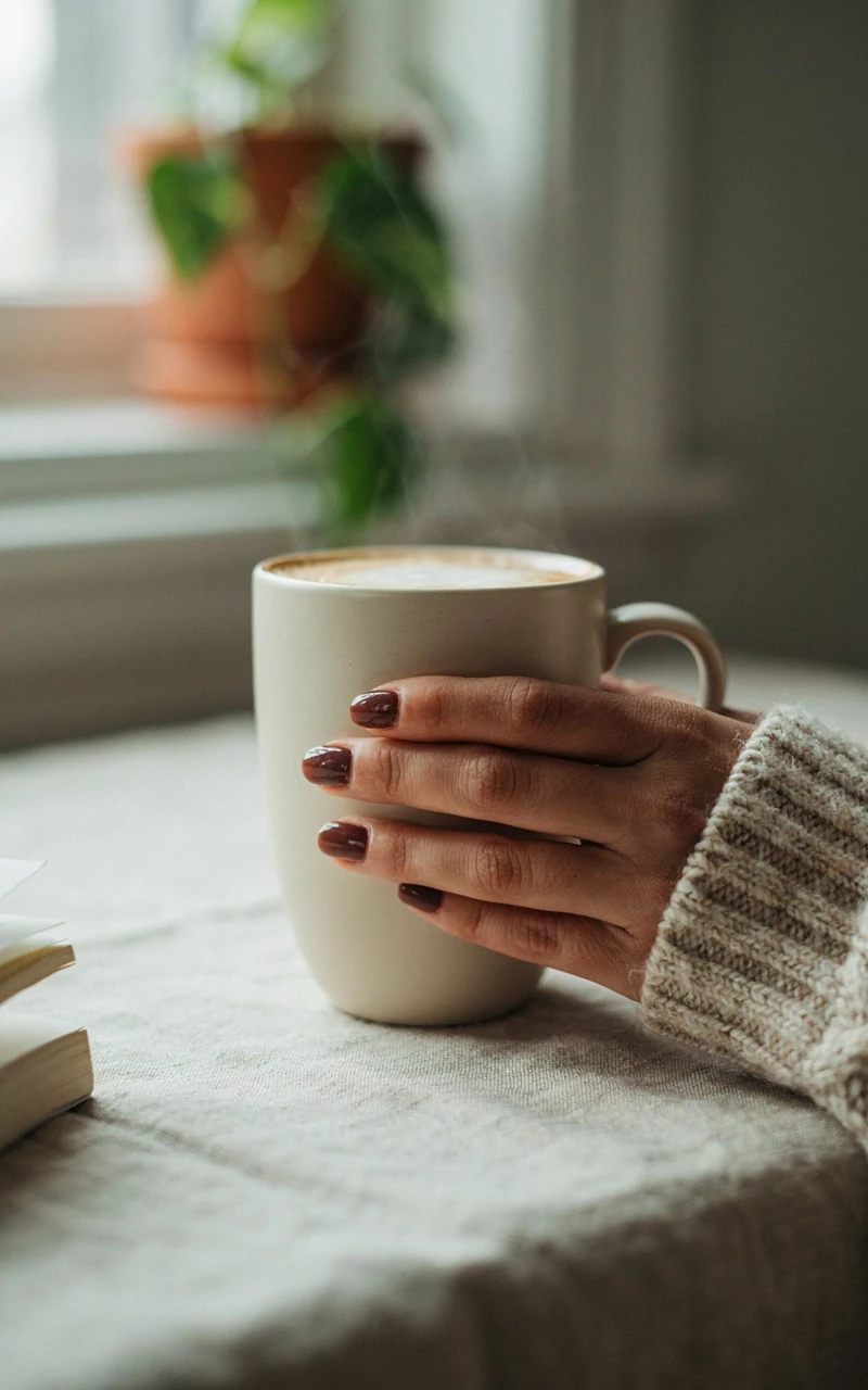 A woman's hand with chocolate brown chrome nails holding a cream latte mug, her knit sleeve pulled over her wrist