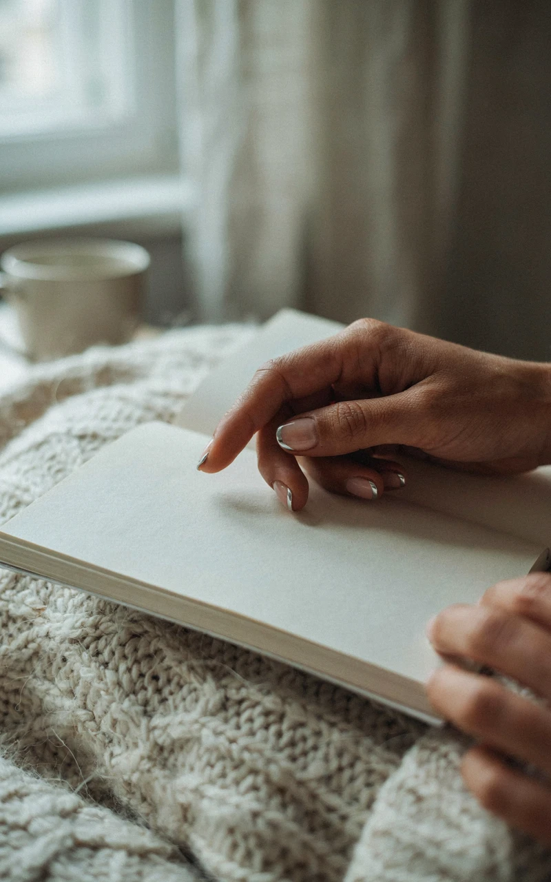 Simple chrome French tips on short nude nails, a woman's hand holding an open paperback on a cream wool blanket
