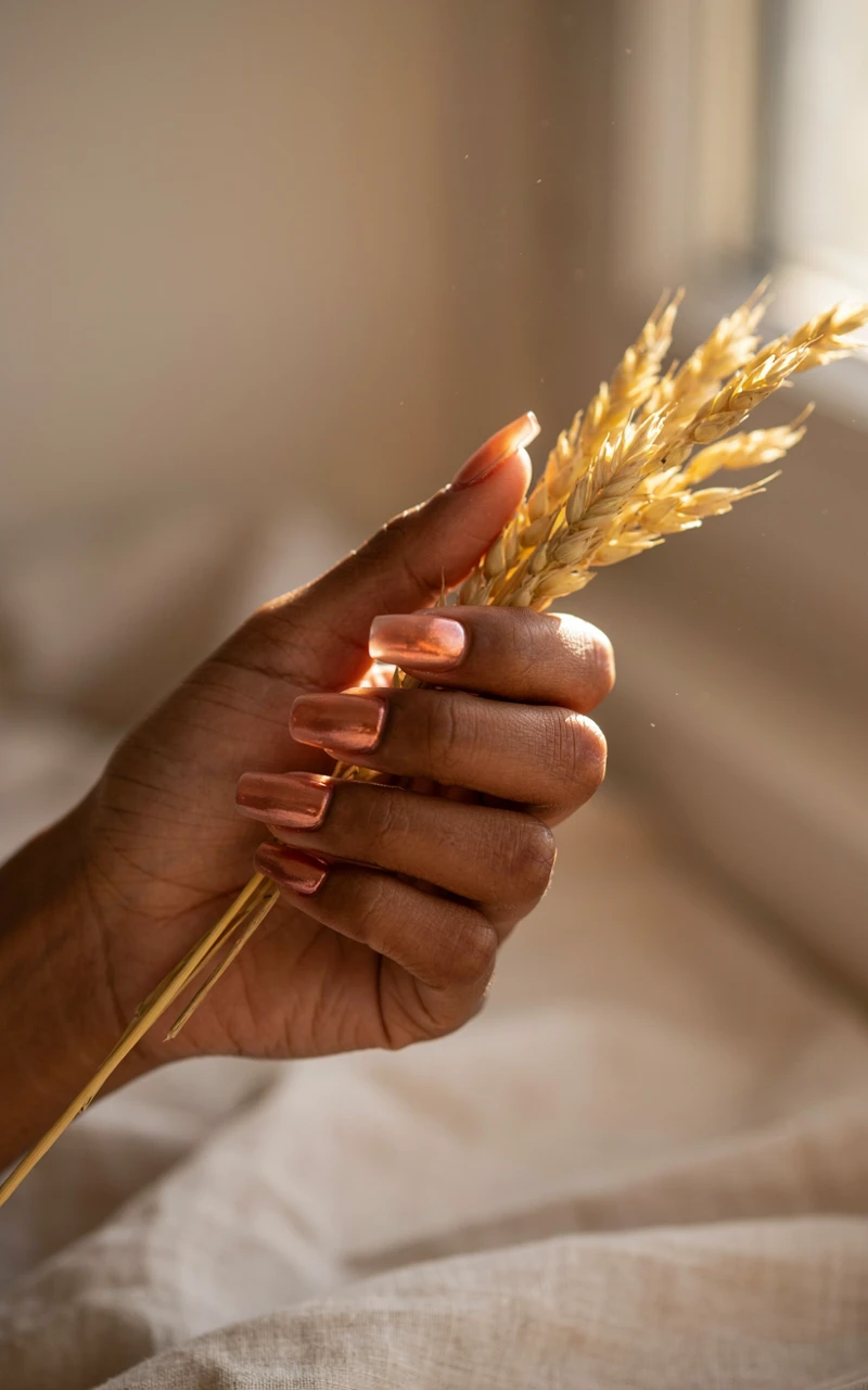 Trendy copper aura chrome nails on a woman's hand holding a small bunch of dried golden wheat