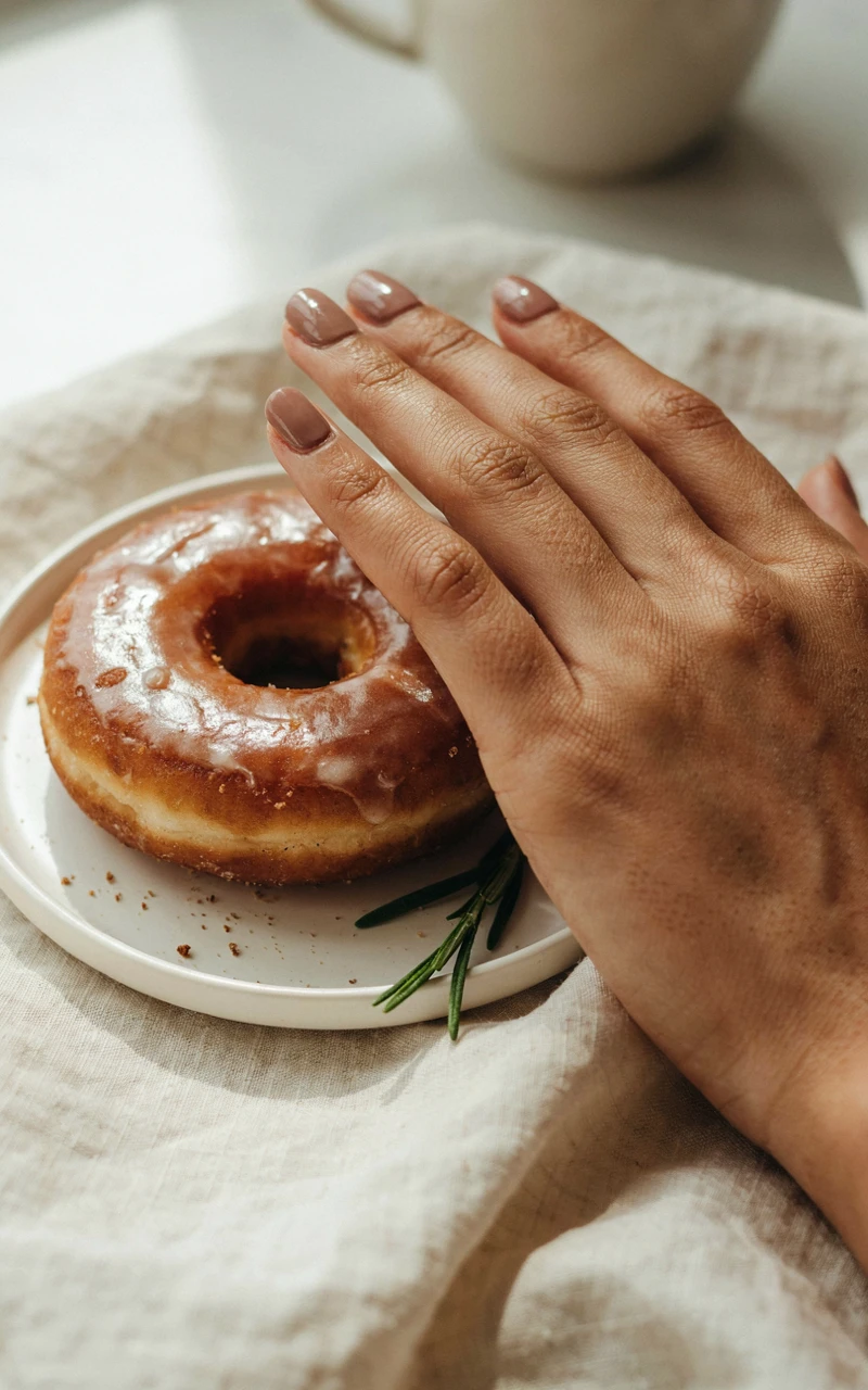 A woman's hand with glazed brown nails in a pearly mocha finish beside a cinnamon donut on a white plate